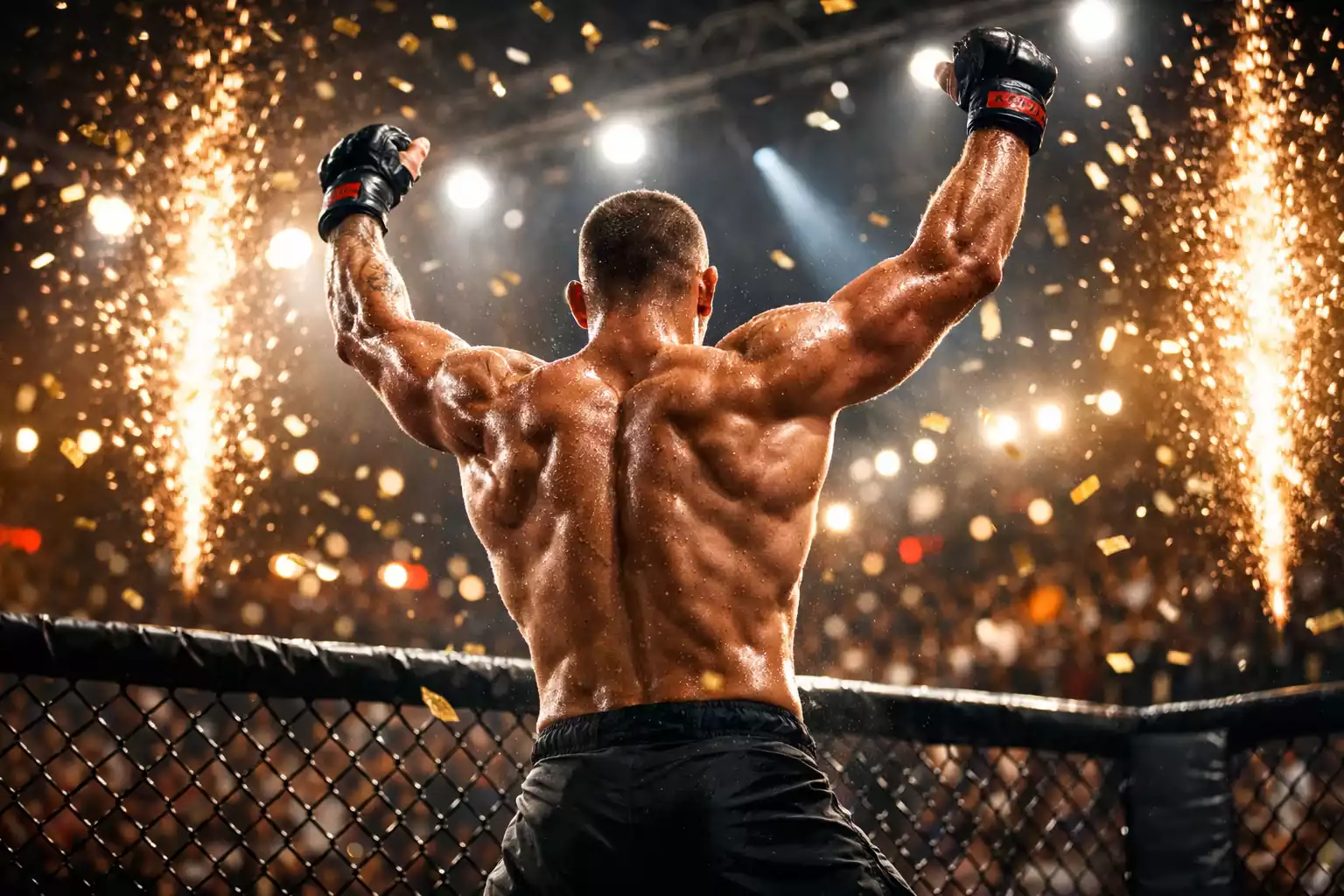 Luchador de MMA celebrando victoria en el octágono UFC