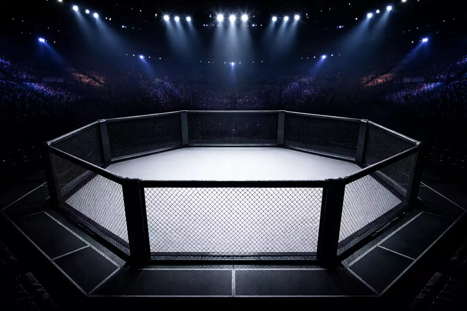 Octágono de UFC iluminado antes de un combate de artes marciales mixtas