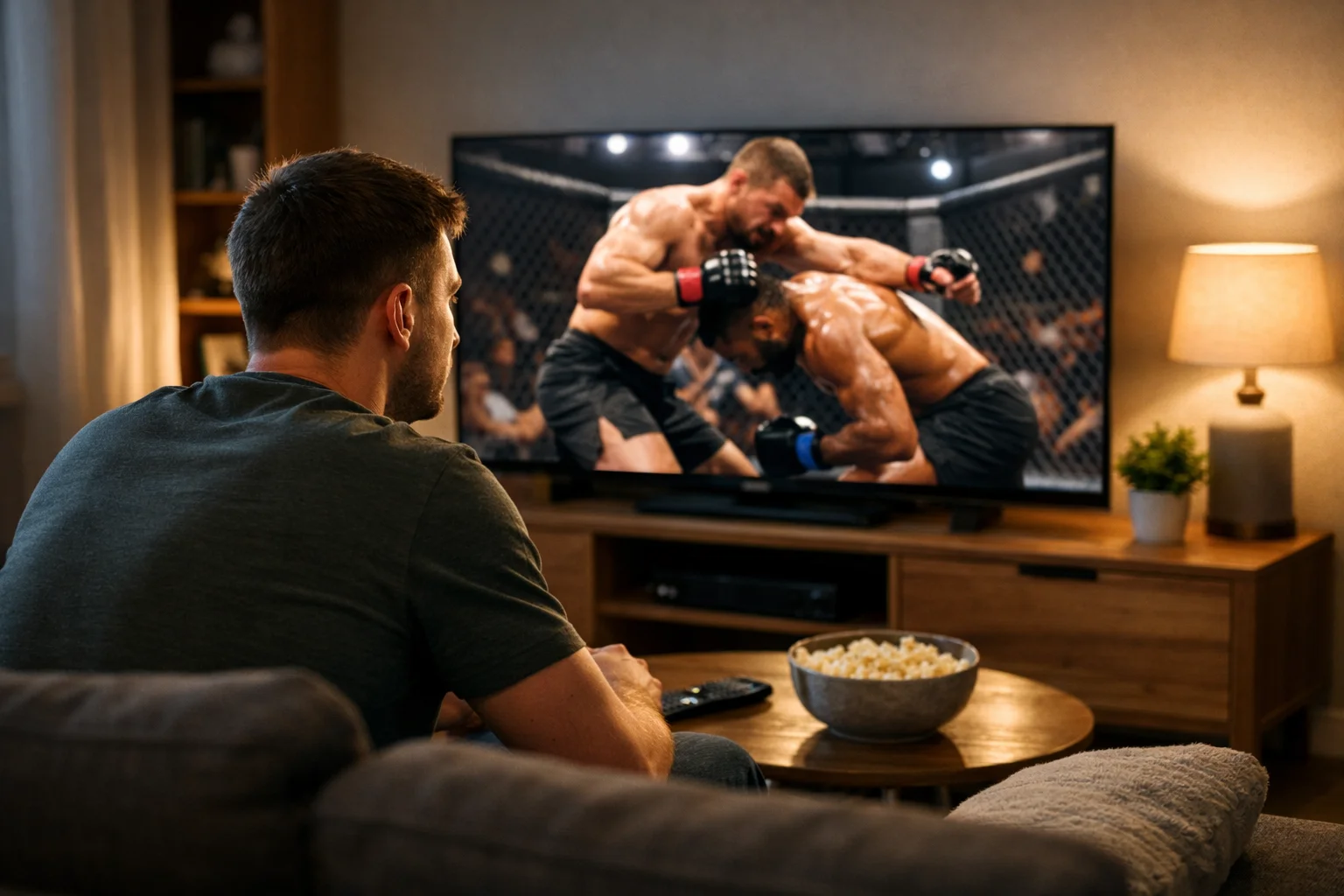 Aficionado de UFC analizando m&uacute;ltiples combates en una pantalla