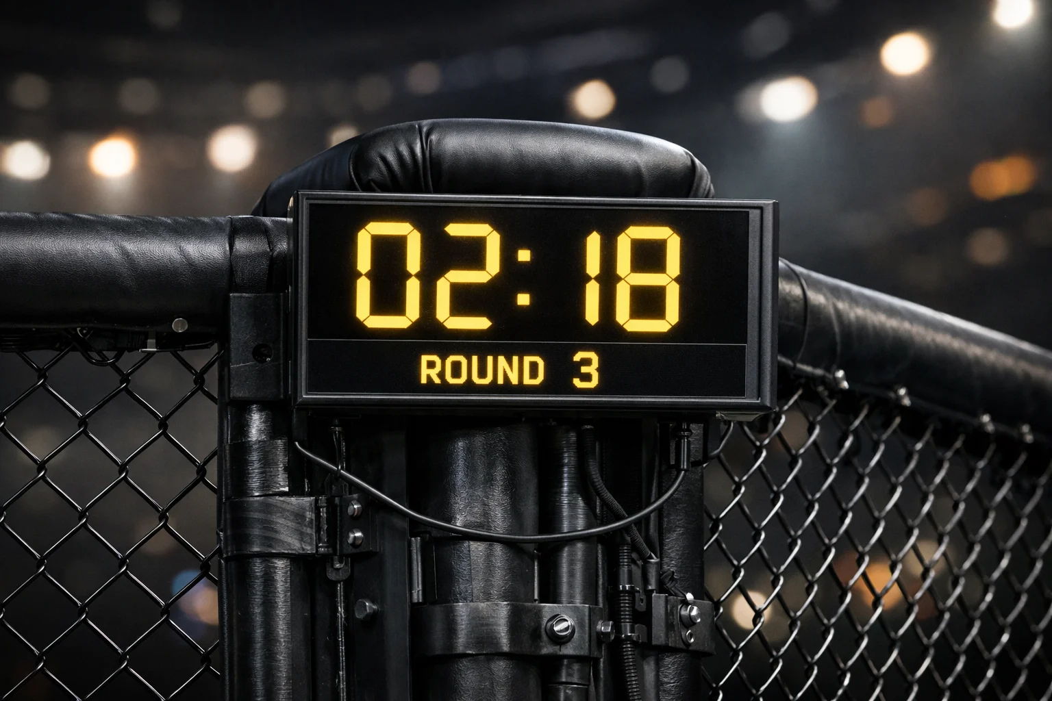 Reloj del oct&aacute;gono mostrando el tiempo durante un asalto de UFC