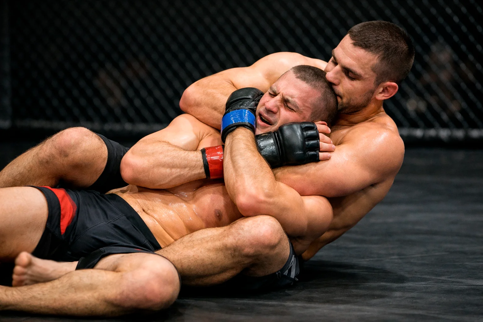 Luchador de jiu-jitsu aplicando una llave de sumisi&oacute;n en combate UFC