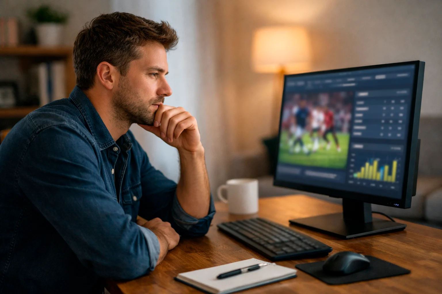 Persona pensativa frente a pantalla analizando informaci&oacute;n de combate