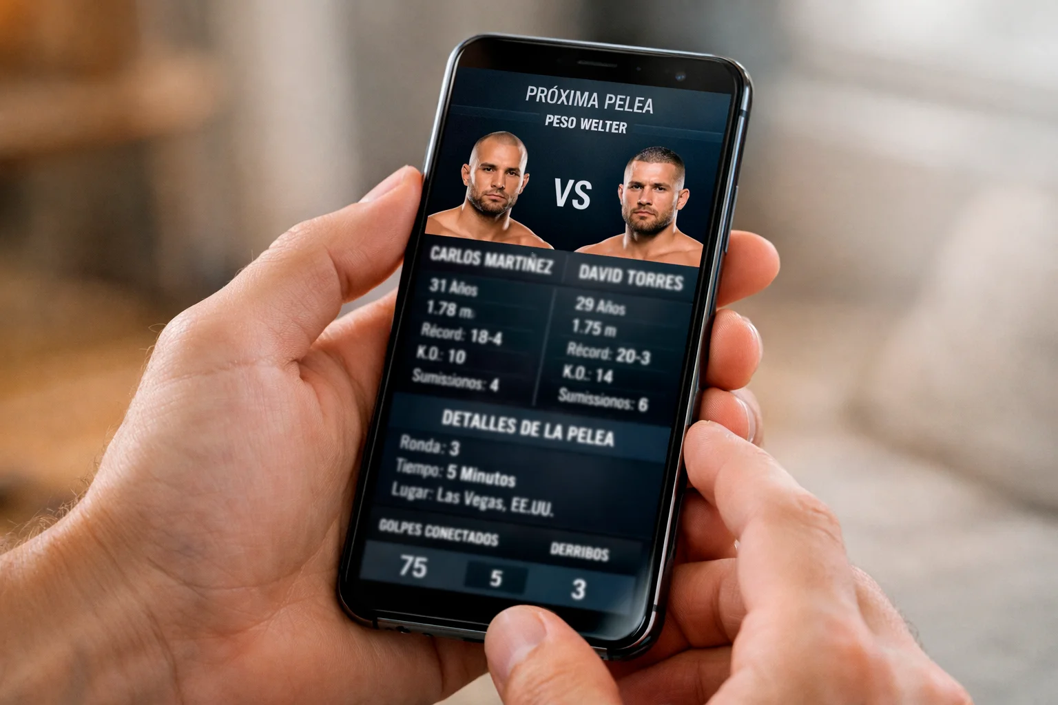 Mano sosteniendo un smartphone con informaci&oacute;n de combates UFC