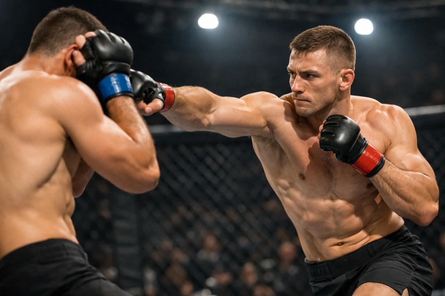 Striker de MMA lanzando un golpe preciso a la cabeza del oponente