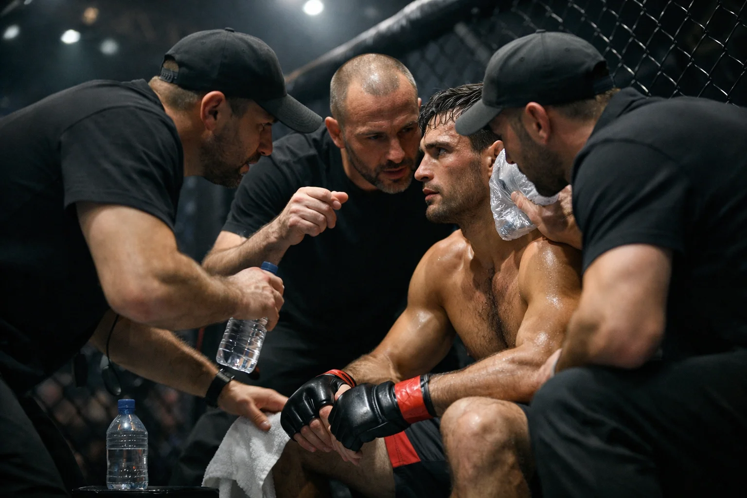 Entrenadores dando instrucciones a un luchador en la esquina entre rounds