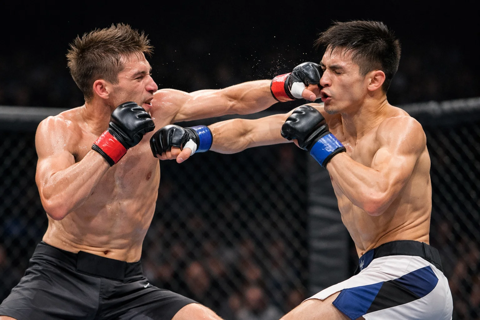 Dos luchadores de peso mosca en r&aacute;pido intercambio de golpes