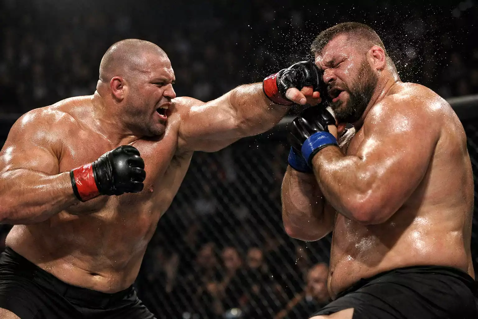 Dos luchadores de peso pesado intercambiando golpes en el oct&aacute;gono
